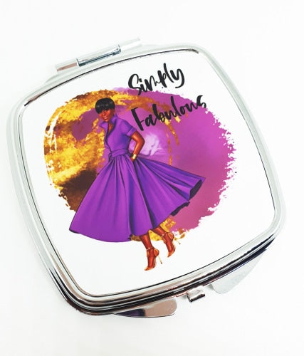 Purple Beauty Compact Mirror With Illustration Of A Beautiful Black Woman Wearing Stylish Purple