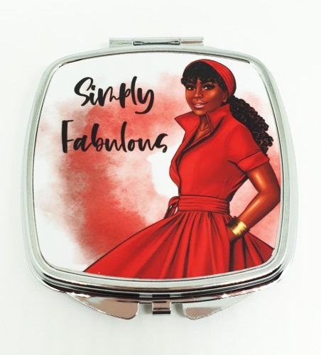 Red Beauty Compact Mirror With Illustration Of A Beautiful Black Woman Wearing Red Dress And
