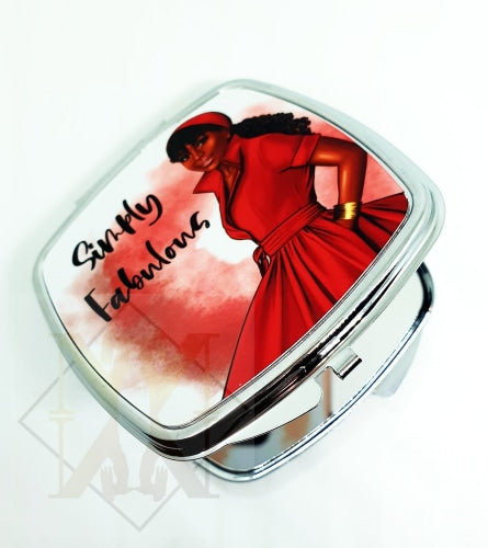 Red Beauty Compact Mirror With Illustration Of A Beautiful Black Woman Wearing Red Dress And